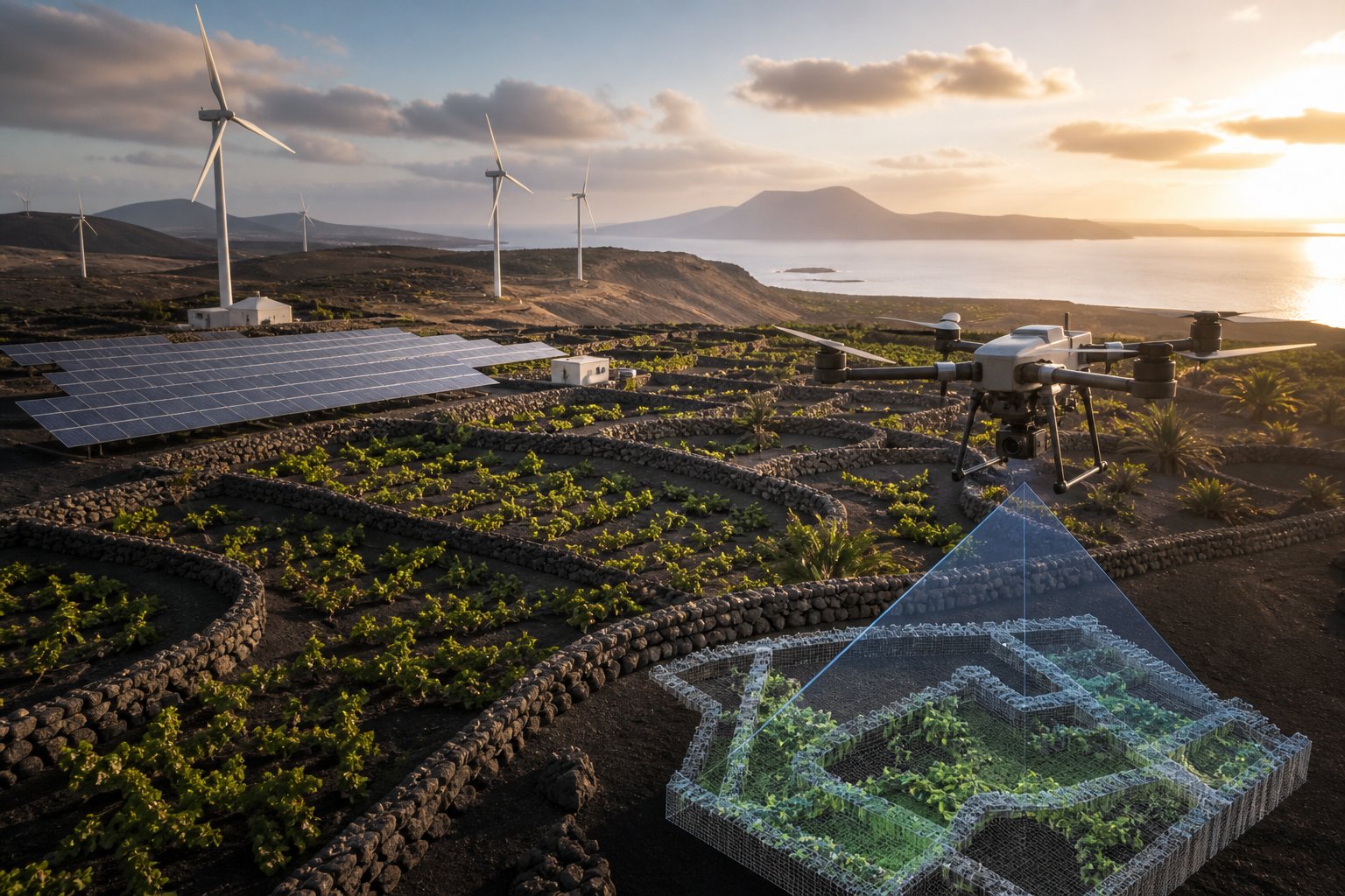 Skynox — vuelo de dron sobre paisaje de Lanzarote con viña en hoyo, paneles solares y aerogeneradores al atardecer